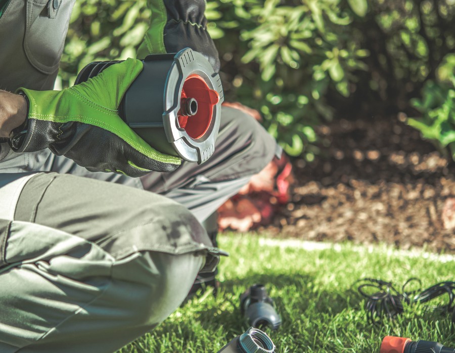 Giardiniere che installa un irrigatore per il giardino